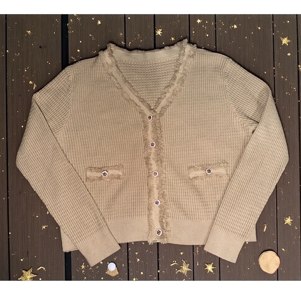 Tan Waffle Knit Fringed V-Neck Cardigan with Crest‎ Buttons